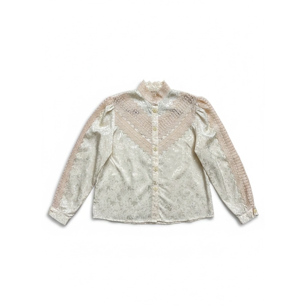 Vintage Ivory Satin Jacquard Lace Blouse Long Sleeve Victorian Cottagecore Top